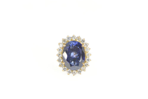 18K Oval Syn. Sapphire CZ Halo Ornate Cocktail Ring Yellow Gold