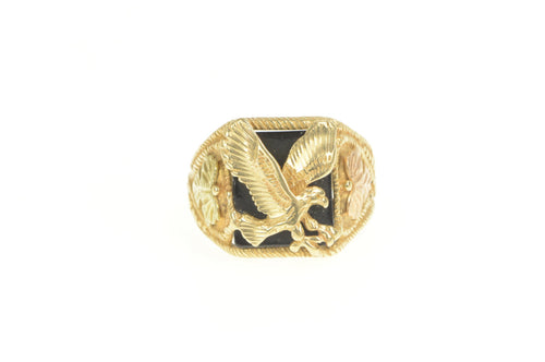 10K Black Onyx Black Hills Leaf Eagle Men's Ring Yellow Gold