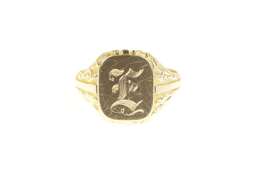 10K Engraved E Letter Monogram Victorian Signet Ring Yellow Gold