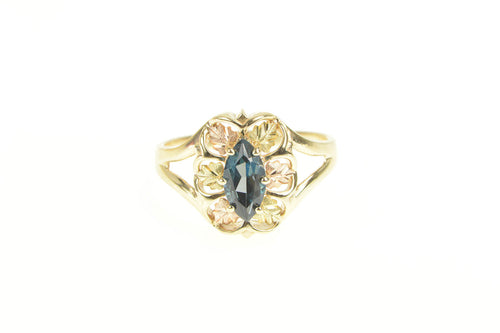 10K Marquise London Blue Topaz Black Hill Leaf Ring Yellow Gold