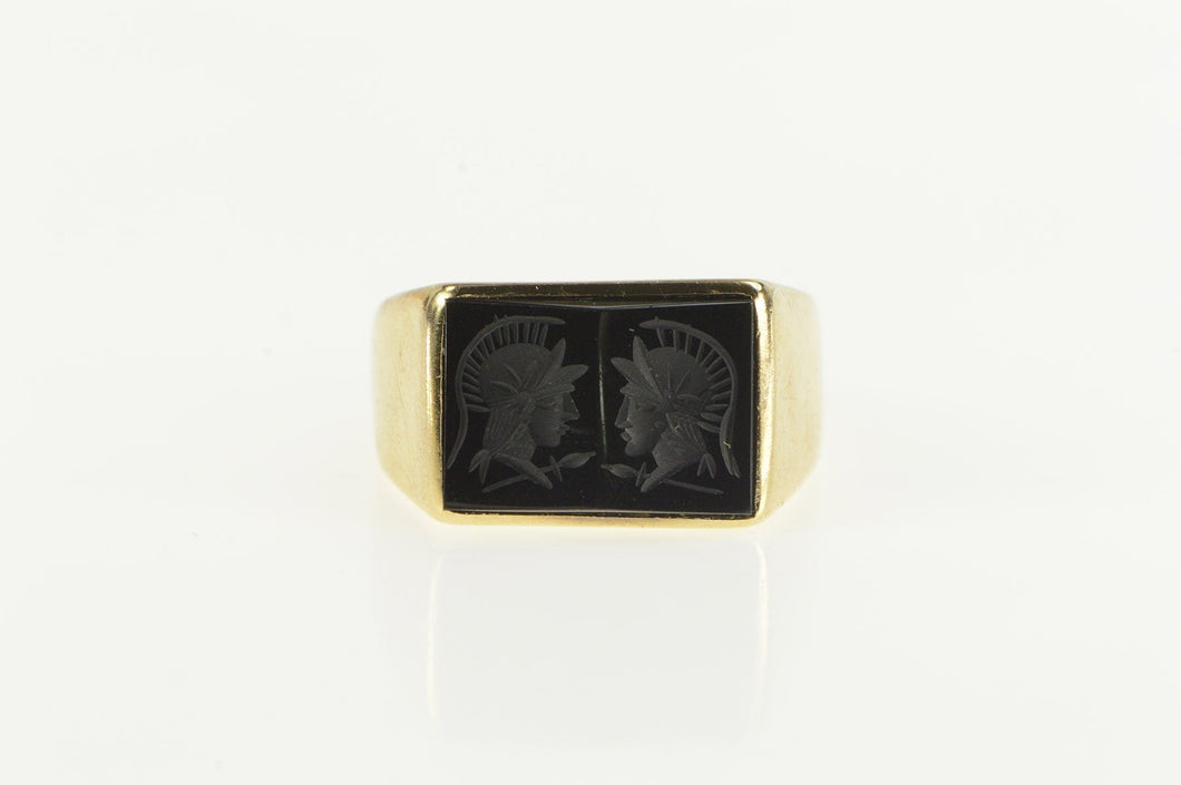 10K Retro Carved Black Onyx Carved Double Intaglio Ring Yellow Gold