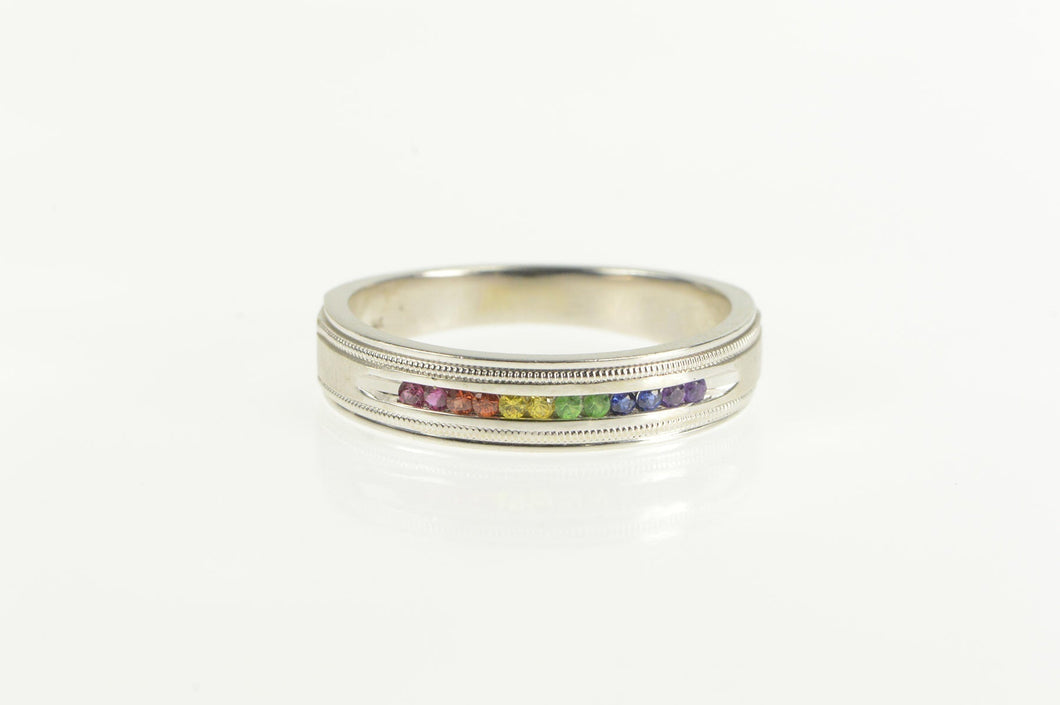 14K Rainbow Sapphire Channel Pride Wedding Band Ring White Gold