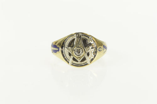 14K Art Deco Diamond Masonic Enamel G Compass Ring Yellow Gold