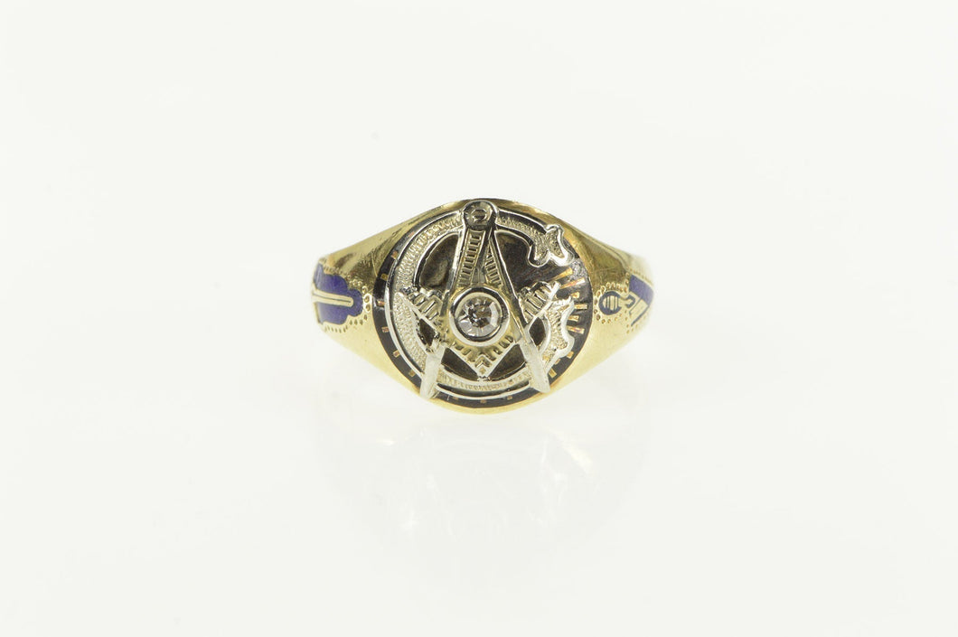 14K Art Deco Diamond Masonic Enamel G Compass Ring Yellow Gold