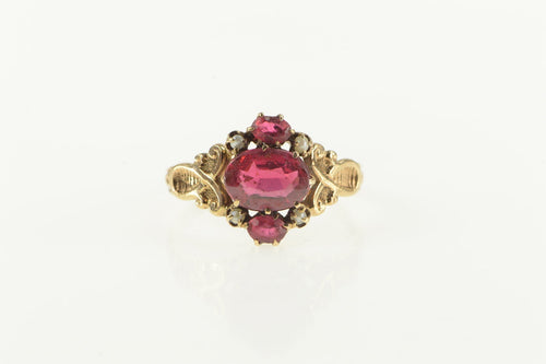 10K Victorian Sim. Ruby Seed Pearl Ornate Ring Yellow Gold
