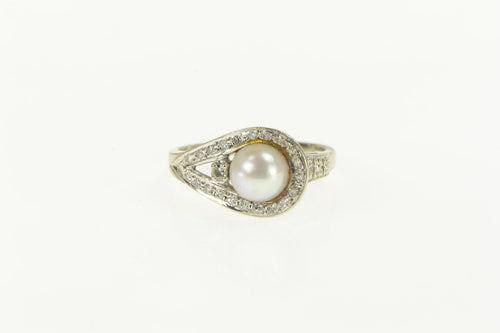 14K 1950's Pearl Diamond Loop Halo Statement Ring White Gold