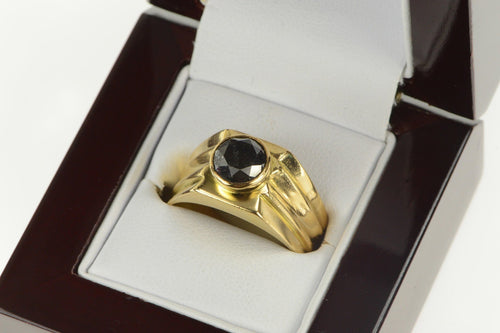 18K 2.00 Ct Black Diamond Solitaire Grooved Men's Ring Yellow Gold