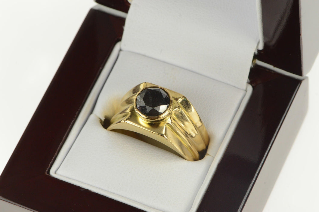 18K 2.00 Ct Black Diamond Solitaire Grooved Men's Ring Yellow Gold
