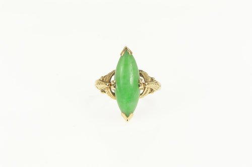 18K 1960's Ornate Marquise Jade Navette Statement Ring Yellow Gold