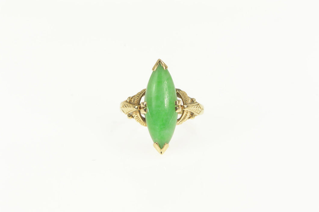 18K 1960's Ornate Marquise Jade Navette Statement Ring Yellow Gold