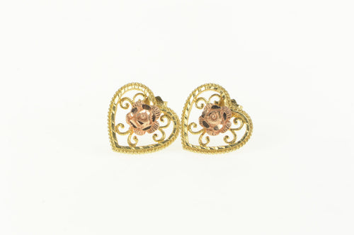 14K Heart Rose Two Tone Filigree Romantic Stud Earrings Yellow Gold