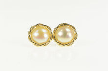 Load image into Gallery viewer, 14K Round Pearl Twist Trim Statement Stud Earrings Yellow Gold