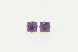 10K Princess Amethyst Simple Square Solitaire Stud Earrings Yellow Gold