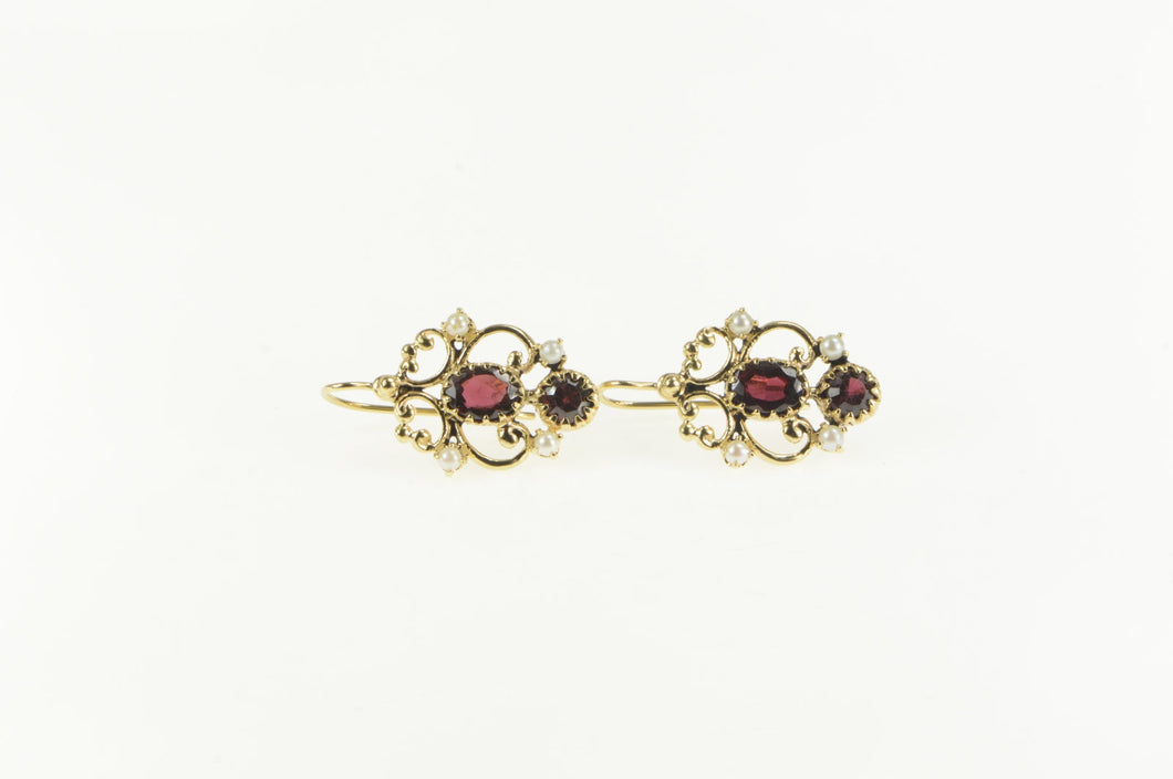 14K Ornate Garnet Seed Pearl Filigree Dangle Earrings Yellow Gold
