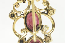 Load image into Gallery viewer, 14K Ornate Garnet Seed Pearl Filigree Dangle Earrings Yellow Gold