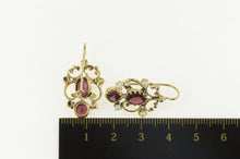 Load image into Gallery viewer, 14K Ornate Garnet Seed Pearl Filigree Dangle Earrings Yellow Gold