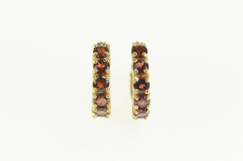 14K Garnet Inset Ornate Filigree Fashion Hoop Earrings Yellow Gold