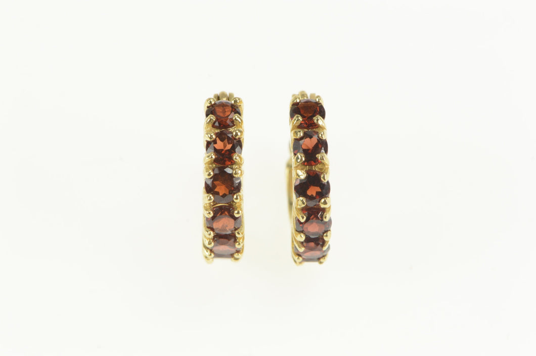 14K Garnet Inset Ornate Filigree Fashion Hoop Earrings Yellow Gold