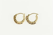 Load image into Gallery viewer, 14K Garnet Inset Ornate Filigree Fashion Hoop Earrings Yellow Gold