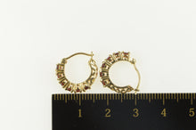 Load image into Gallery viewer, 14K Garnet Inset Ornate Filigree Fashion Hoop Earrings Yellow Gold