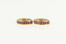 Load image into Gallery viewer, 10K Channel Ruby Squared Statement Huggies Hoop Earrings Yellow Gold