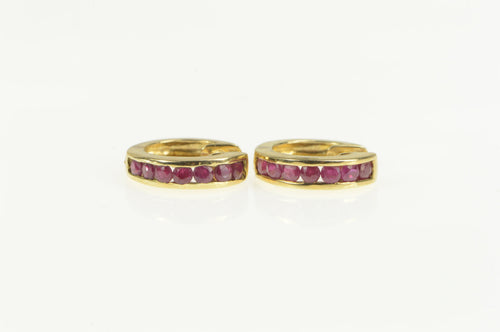 10K Channel Ruby Squared Statement Huggies Hoop Earrings Yellow Gold