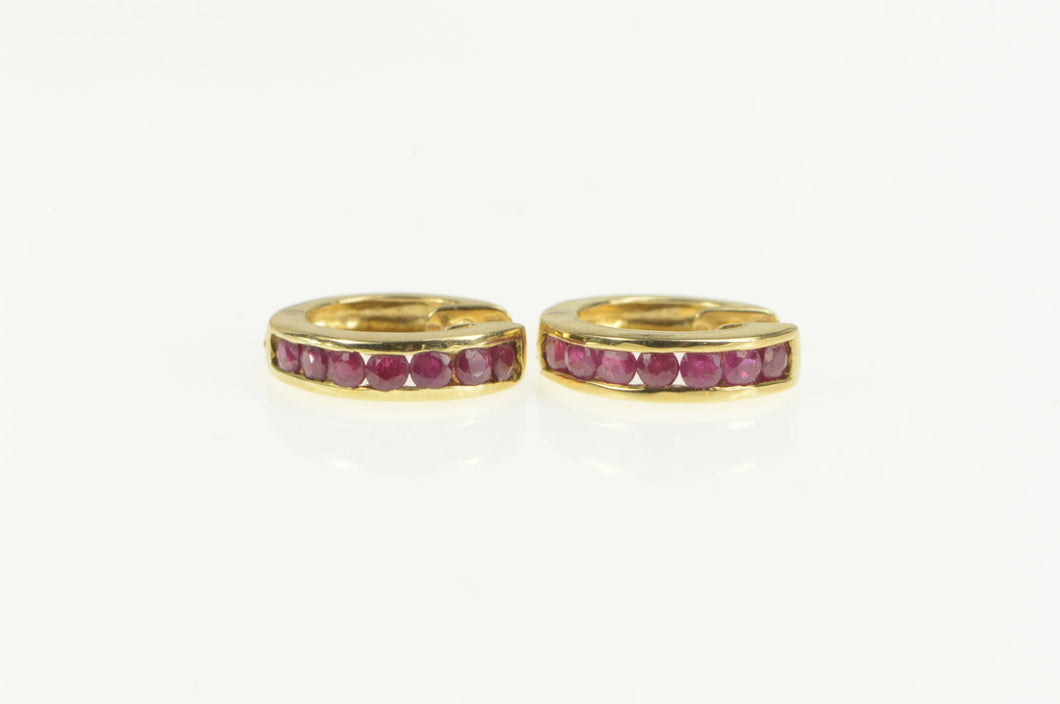 10K Channel Ruby Squared Statement Huggies Hoop Earrings Yellow Gold