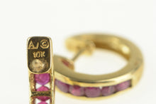 Load image into Gallery viewer, 10K Channel Ruby Squared Statement Huggies Hoop Earrings Yellow Gold