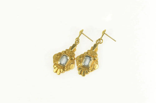 18K Art Deco Emerald Cut Blue Topaz Dangle Earrings Yellow Gold