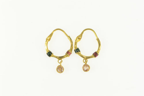 22K Red Green Enamel Quartz Dangle Charm Hoop Earrings Yellow Gold