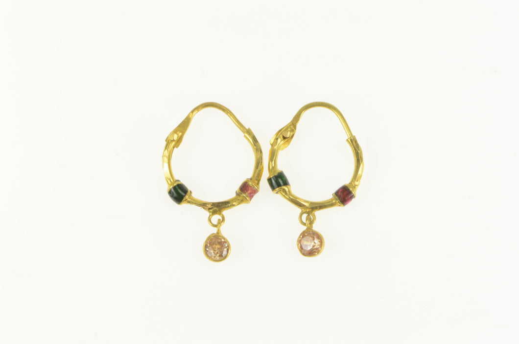 22K Red Green Enamel Quartz Dangle Charm Hoop Earrings Yellow Gold