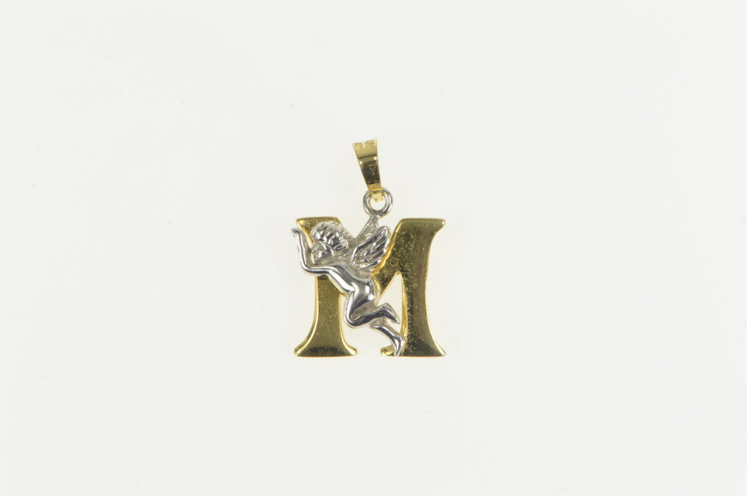 14K Two Tone Cherub M Letter Monogram Initial Pendant Yellow Gold