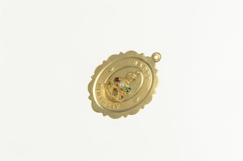 14K 1960's Happy Birthday Cake Ornate Oval Charm/Pendant Yellow Gold