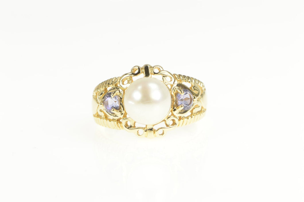 14K Elaborate Pearl Tanzanite Accent Statement Ring Yellow Gold