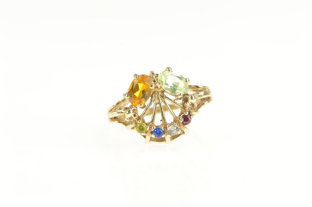 10K Retro Citrine Lime Quartz Fanned Statement Ring Yellow Gold