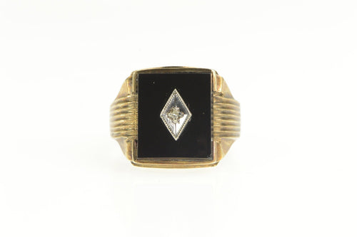 10K 1960's Black Onyx Squared Diamond Statement Ring Yellow Gold