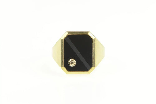 14K 1960's Black Onyx Diamond Inlay Squared Ring Yellow Gold