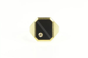 14K 1960's Black Onyx Diamond Inlay Squared Ring Yellow Gold