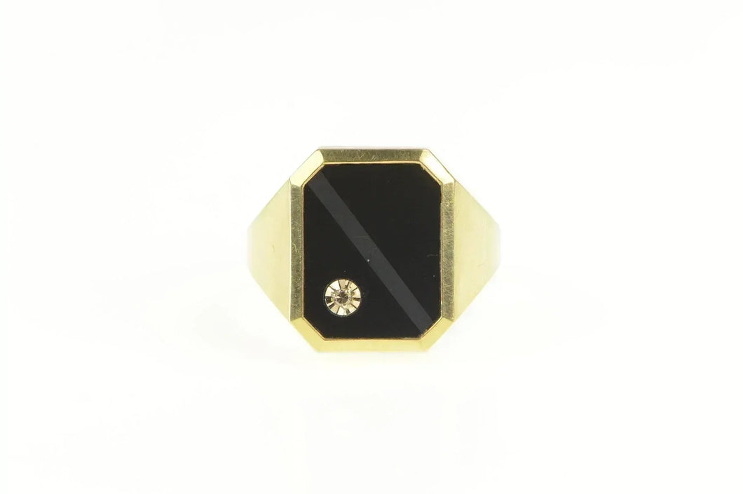 14K 1960's Black Onyx Diamond Inlay Squared Ring Yellow Gold