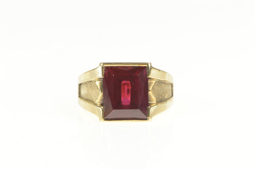 10K Emerald Cut Syn. Ruby Retro Statement Ring Yellow Gold