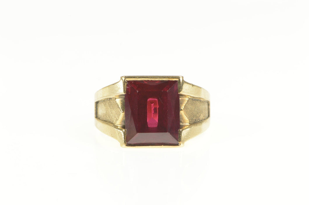 10K Emerald Cut Syn. Ruby Retro Statement Ring Yellow Gold