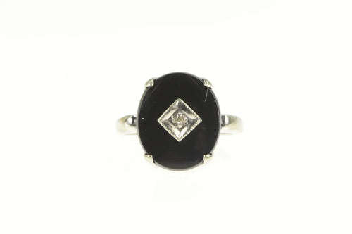 10K Oval Black Onyx Diamond Overlay Statement Ring White Gold