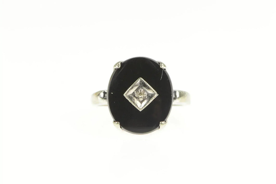 10K Oval Black Onyx Diamond Overlay Statement Ring White Gold