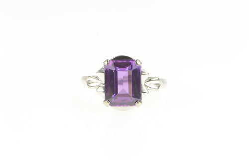 10K Emerald Cut Amethyst Retro Ornate Statement Ring White Gold