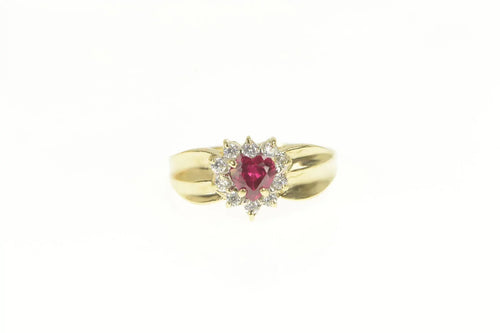10K Heart Syn. Ruby CZ Halo Cluster Statement Ring Yellow Gold