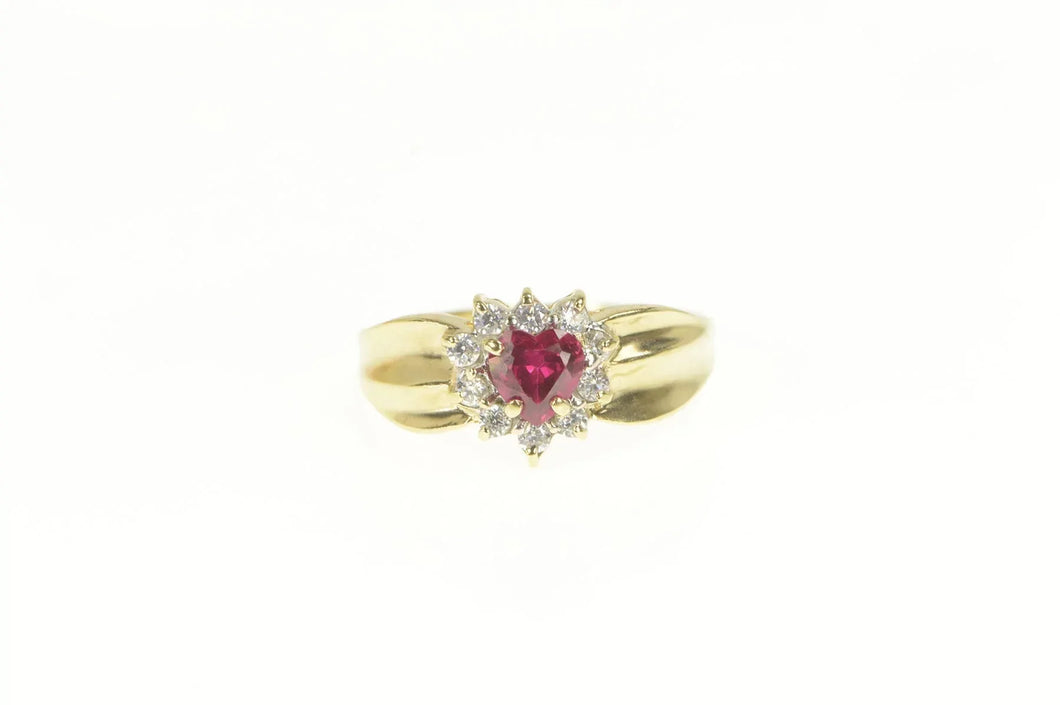 10K Heart Syn. Ruby CZ Halo Cluster Statement Ring Yellow Gold