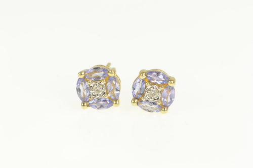 14K Diamond Tanzanite Round Cluster Stud Earrings Yellow Gold