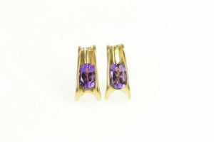 14K Oval Amethyst Curved Design Split Stud Earrings Yellow Gold