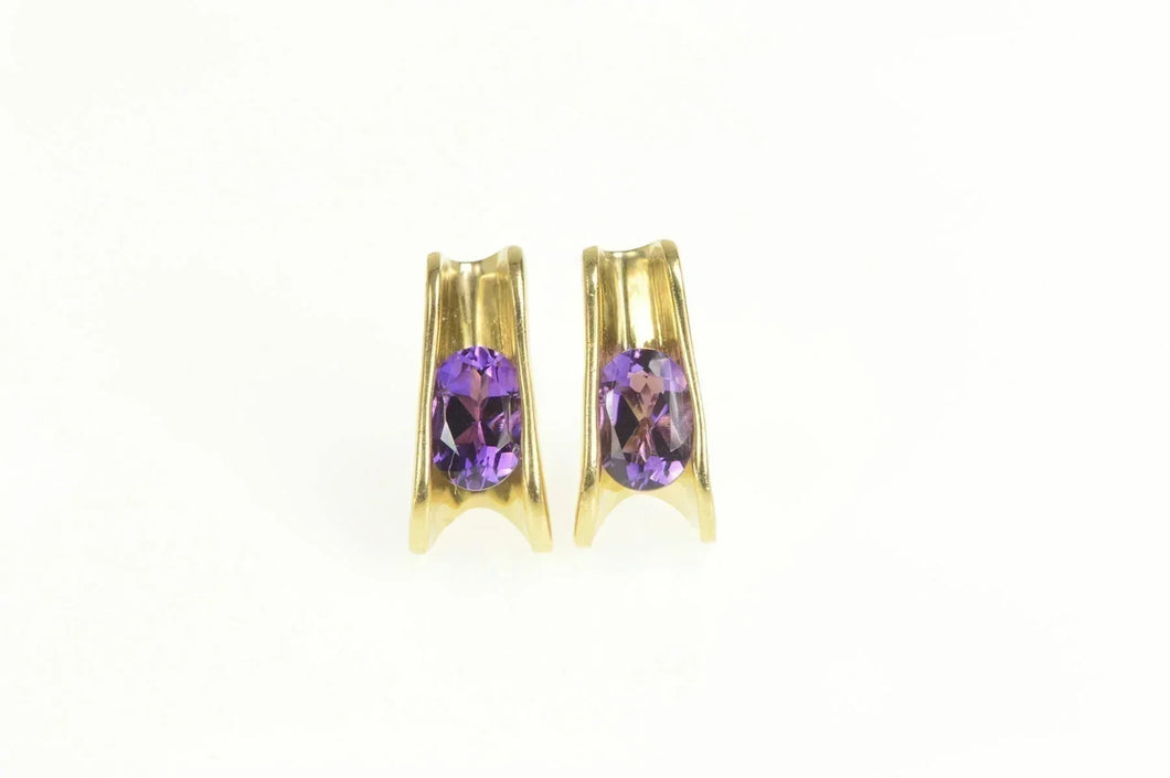 14K Oval Amethyst Curved Design Split Stud Earrings Yellow Gold