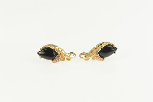10K Black Hills Leaf Onyx Statement Stud Earrings Yellow Gold